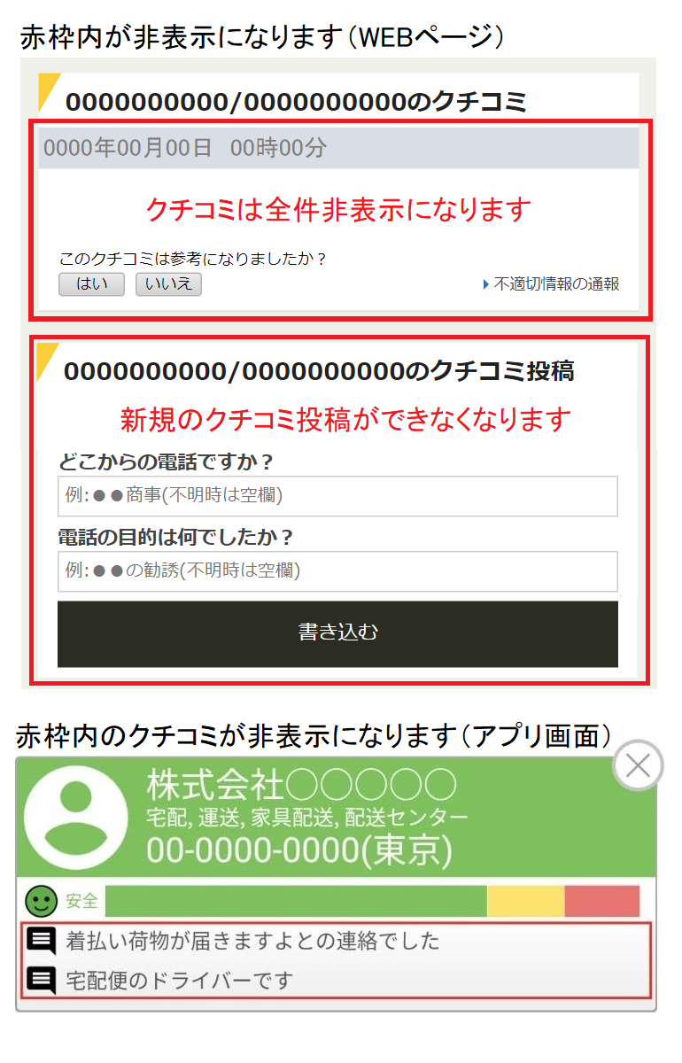 クチコミ非表示・投稿禁止機能